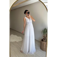 Dip Moda Kadın Işıltılı Kumaş Göğüs Drapeli Kolsuz Elbise NM003