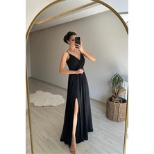 Dip Moda Kadın Işıltılı Kumaş Yırtmaçlı Abiye Elbise NM002