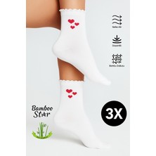 Bamboo Star Bambu Kadın Beyaz Fırfırlı Lastiksiz Kalpli Kadın Soket 3lü Beyaz Çorap İz Bırakmaz Sıkmayan Çorap