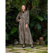 Nissra Kruvaze Yaka Leopar Desen Şifon Elbise