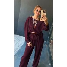 Kadın Uzun Kollu Tek Omuzdan Açık Viskon Iki Iplik Bluz ve Pantolon Ikili Takım