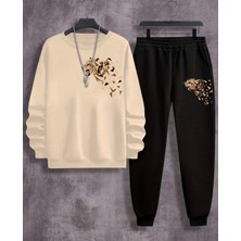 Amor Man Büyük Beden Özel Tasarım Mozaik Kaplan Baskılı %100 Pamuk Kışlık 2 Li Dış Mekan Erkek Eşofman Takımı