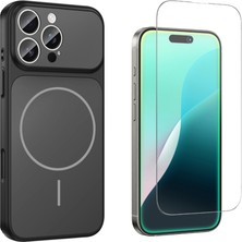 Tekno Grup Iphone 15 Pro Max Kılıf M-Safe Şarj Özellikli Kamera Camlı Formen Kapak-Siyah + Cam Ekran Koruyucu