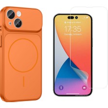 Tekno Grup Iphone 14 Kılıf M-Safe Şarj Özellikli Kamera Camlı Formen Kapak-Turuncu + Nano Ekran Koruyucu