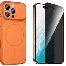 Tekno Grup Iphone 16 Pro Kılıf M-Safe Şarj Özellikli Kamera Camlı Formen Kapak-Turuncu + Tam Kaplayan Hayalet Ekran  Koruyucu
