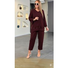 Kadın Uzun Kollu V Yakalı Pulpayet Viskon Iki Iplik Bluz ve Pantolon Takım