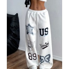 Amor Face Özel Tasarım Yıldız Kelebek Baskılı %100 Pamuk Ispanyol Paça Kışlık Kadın Eşofman Altı