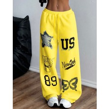 Amor Face Özel Tasarım Yıldız Kelebek Baskılı %100 Pamuk Ispanyol Paça Kışlık Kadın Eşofman Altı