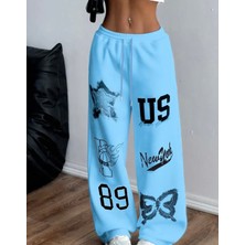 Amor Face Özel Tasarım Yıldız Kelebek Baskılı %100 Pamuk Ispanyol Paça Kışlık Kadın Eşofman Altı