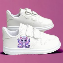Lias Shoes Mor Kanatlı Kedi Baskılı Beyaz Bantlı Çocuk Spor Ayakkabı Sneaker