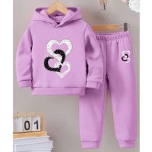 Punix Kids Punıx Kıds Özel Seri Kapüşonlu Anne-Çocuk Kalbi Baskılı %100 Pamuk Kışlık Trend Kız Çocuk-Kadın Eşofman Takımı