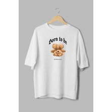 Overoz %100 Pamuk Oversize Tshirt Teddy Bear Born To Be Different T-Shirt Bisiklet Yaka Beyaz Tişört T1095