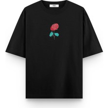 Overoz Siyah Oversize Minimal Gül Baskılı Oversize Unisex Tişört 1336