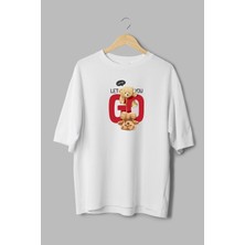 Overoz %100 Pamuk Oversize Tshirt Teddy Bear Baskılı T-Shirt Bisiklet Yaka Beyaz Unisex Tişört T1093