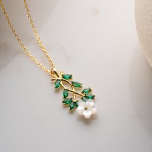 Vaoov 925 Ayar Gümüş Sedef Çiçekli Yeşil Taşlı Kolye