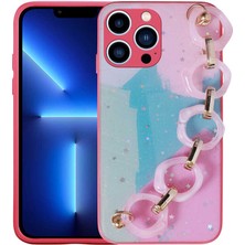 iPhone 12 Pro Max Uyumlu Simli Desenli El Askılı Tutacaklı Aden Elsa Silikon Kapak-Pembe Koyu
