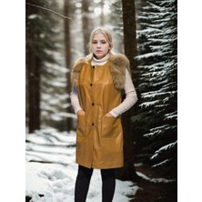 Velmora Fashion Kadın Kolsuz Hakiki Deri Kürk - Hardal