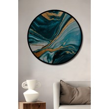 Teona Ahşap Çerçeve Görünümlü Soyut Mavi ve Altın Dekoratif Ahşap Mdf Ev Duvar Tablo Yuvarlak Ev Duvar Tablo