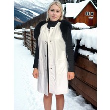 Velmora Fashion Kadın Kolsuz Hakiki Deri Kürk - Beyaz