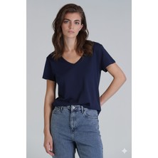 Lufian Florans Kadın %100 Pamuk T-Shirt Lacivert