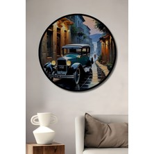 Teona Ahşap Çerçeve Görünümlü Klasik Araba Sokak Manzarası Ahşap Mdf Dekoratif Tablo Yuvarlak Tablo