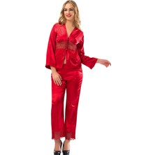 Sistina Techmrt Kırmızı Saten Pijama Takımı - 1601 - Beden L