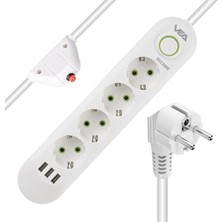 Vea VA-21560 Beyaz 4'lü 3 Usb'li Akım Korumalı Priz 1.5 Metre Modern Tasarım Özellikli