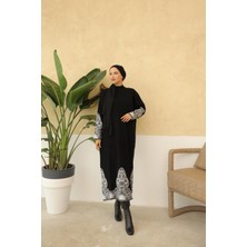 Nissra Ankanoor Siyah Etnik Desenli Fitilli Premium Triko Elbise ANKA256330