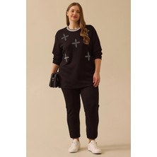 Galaxi Kadın Büyük Beden Taş Detaylı Sweatshirt 4002 Siyah