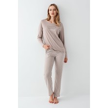 Arnetta Kadın %100 Pamuklu Açık Yaka Çizgili Uzun Kollu Rahat Pijama Takım
