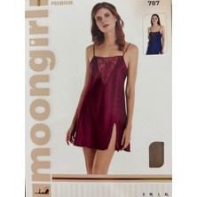 Umestyle Moongril Gecelik Dantel Detaylı Askılı Yırtmaçlı Kısa Saten