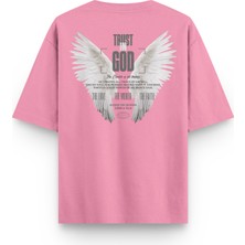 Overoz Pembe Yarı Oversize Tshirt Trust In God Melek Kanadı Angel Baskılı Oversize Tişört 1387