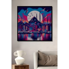 Teona Ahşap Çerçeve Görünümlü Istanbul Gece Manzarası Dekoratif Ahşap Mdf Tablo Dikdörtgen Tablo