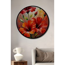 Teona Ahşap Çerçeve Görünümlü Kırmızı Hibiskus Çiçekleri Dekoratif Ahşap Mdf Tablo Yuvarlak Tablo