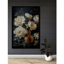 Teona Ahşap Çerçeve Görünümlü Beyaz Güller ve Keman Dekoratif Ahşap Mdf Ev Duvar Tablo Dikdörtgen Ev Duvar Tablo