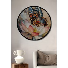 Teona Ahşap Çerçeve Görünümlü Kelebek ve Lotus Çiçeği Dekoratif Ahşap Mdf Ev Duvar Tablo Yuvarlak Ev Duvar Tablo