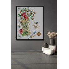 Teona Ahşap Çerçeve Görünümlü Çiçekli Çay Vakti Ahşap Mdf Dekoratif Ev Duvar Tablo Dikdörtgen Ev Duvar Tablo