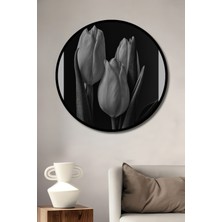 Teona Ahşap Çerçeve Görünümlü Siyah Beyaz Lale Ahşap Mdf Dekoratif Ev Duvar Tablo Yuvarlak Ev Duvar Tablo