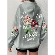 Amor Face Büyük Beden Özel Tasarım Kapüşonlu Street Garden Sırt Baskılı Oversize Kadın Sweatshırt