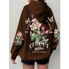 Amor Face Büyük Beden Özel Tasarım Kapüşonlu Street Garden Sırt Baskılı Oversize Kadın Sweatshırt