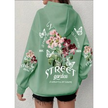 Amor Face Büyük Beden Özel Tasarım Kapüşonlu Street Garden Sırt Baskılı Oversize Kadın Sweatshırt