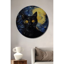 Teona Ahşap Van Gogh Tarzı Siyah Kedi Dekoratif Ahşap Mdf Ev/işyeri Duvar Tablo Yuvarlak Ev/işyeri Duvar Tablo
