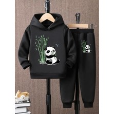 Kids Face Özel Tasarım Kapüşonlu Sevimli  Miskin Panda Baskılı %100 Pamuk Kışlık Erkek Çocuk Eşofman Takımı