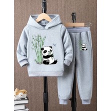 Kids Face Özel Tasarım Kapüşonlu Sevimli  Miskin Panda Baskılı %100 Pamuk Kışlık Erkek Çocuk Eşofman Takımı