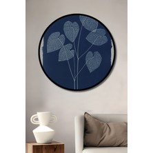 Teona Ahşap Çerçeve Görünümlü Mavi Yapraklar Dekoratif Ahşap Mdf Ev Duvar Tablo Yuvarlak Ev Duvar Tablo