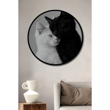 Teona Ahşap Çerçeve Görünümlü Siyah Beyaz Aşk Kedi Ahşap Mdf Dekoratif Ev Duvar Tablo Yuvarlak Ev Duvar Tablo