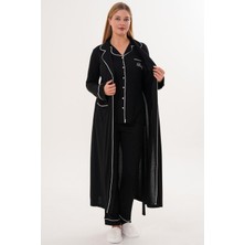 Mecit Pijama Mecit 6333 Siyah Kadın Sabahlıklı Boydan Düğmeli Pijama Takımı
