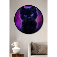 Teona Ahşap Çerçeve Görünümlü Mor Gözlü Uzay Kedisi Dekoratif Ahşap Mdf Ev Duvar Tablo Yuvarlak Ev Duvar Tablo