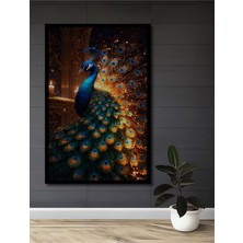 Teona Ahşap Çerçeve Görünümlü Görkemli Tavus Kuşu Ahşap Mdf Dekoratif Ev Duvar Tablo Dikdörtgen Ev Duvar Tablo