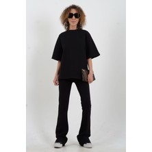 Zelish My Sister Siyah Kısa Kollu Oversize Tshirt Dikiş Detaylı Pantolon Takım